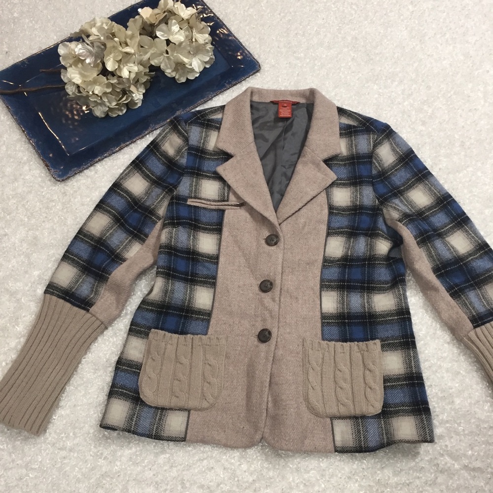 SUNDANCE CATALOG Mixed Media Blazer Plaid Wool